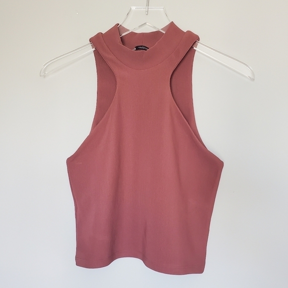 ZARA Ribbed Halter Top Large Brown Cropped - Picture 3 of 5